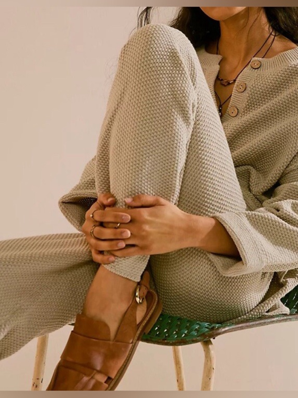 Free People Hailee Knit Cream Tan Waffle Knit Henley Sweater Set M - Picture 4 of 16